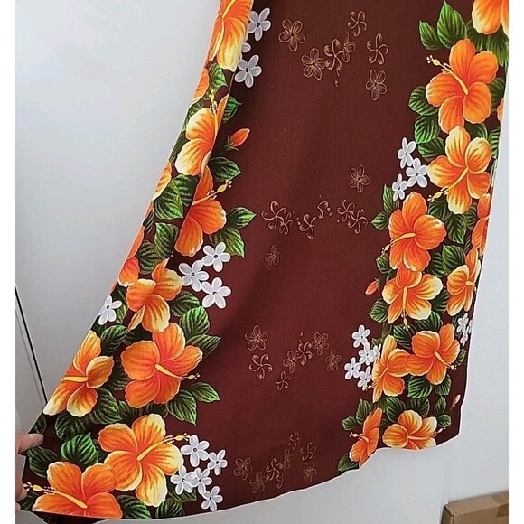 Vintage Ui Maikai Brown Orange Hibiscus Floral Print Hawaiian Maxi Dress 14 Luau - Picture 4 of 9
